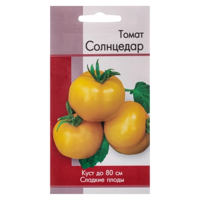 Пакет семян томата Солнцедар с изображением желтых плодов