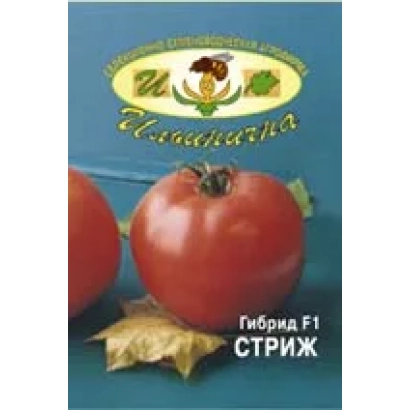Томат гібрид СТРИЖ F1 на фоні з листям та логотипом