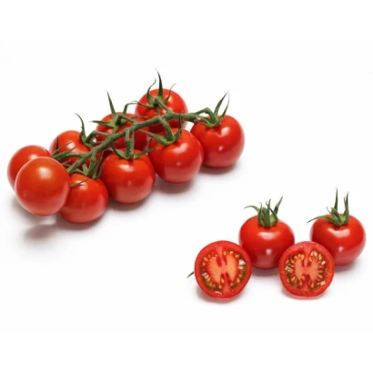 Свежие помидоры на ветке и разрезанные плоды на белом фоне - ТИМЕАКС