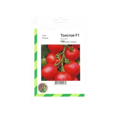 Seed packet of tomato variety Tolstoi F1 with image of red tomatoes