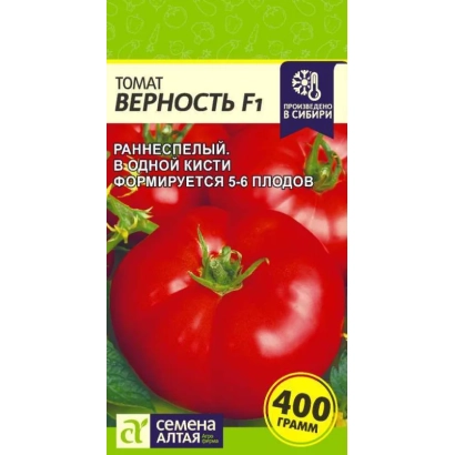 Пакет семян томата ВЕРНОСТЬ F1 с изображением красных плодов