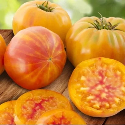 Ripe and sliced tomatoes of the variety 'Mystery of Nature' on a wooden surface