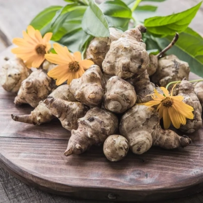 Свежие клубни топинамбура на деревянной доске с желтыми цветами и зелеными листьями - Старт