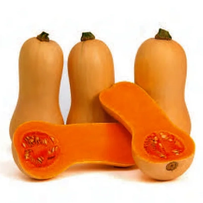 Тыквы на белом фоне, одна разрезана пополам, видны семена - МИЕЛУНА