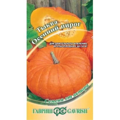 Seed packet of pumpkin 'Autumn Pie' with image of orange pumpkin on background