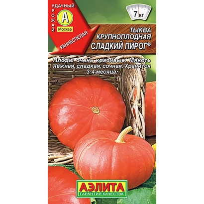 Seed packet of pumpkin 'Sweet Pie' with image of orange fruits