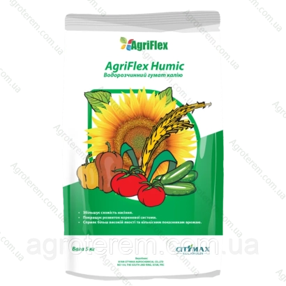 Удобрение AgriFlex Humic в упаковке с изображением подсолнуха и овощей
