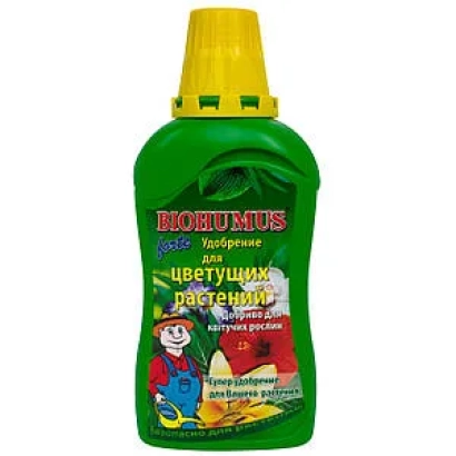Зелена пляшка з жовтою кришкою та написом BIOHUMUS для квітучих рослин - АгроСульКа