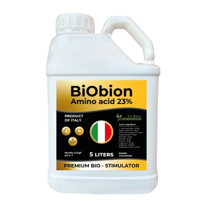 Бутылка удобрения BiObion с надписью Amino acid 23% и итальянским флагом - БиОбион