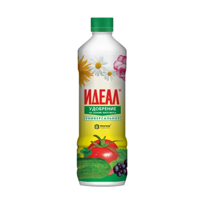 Bottle of fertilizer IDEAL with images of flowers and fruits - BIOGUMUS BRAND «IDEAL» (NEW IDEAL)