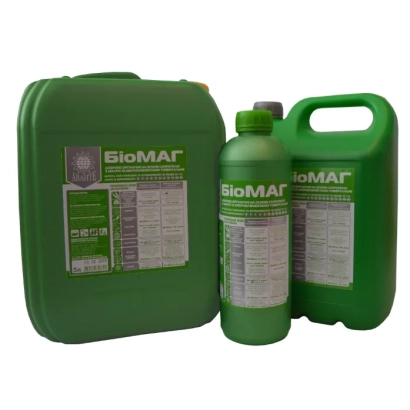 Green canister and bottles BioMAG with labels - Organic Fertilizers Based on Sapropel with Macro and Microelements