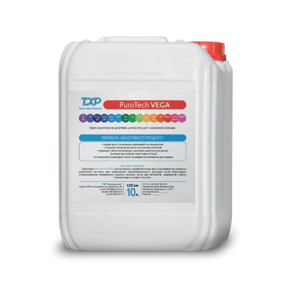 Белая канистра с этикеткой PuroTech VEGA - Удобрение-антистресант для рослин «PuroTech»