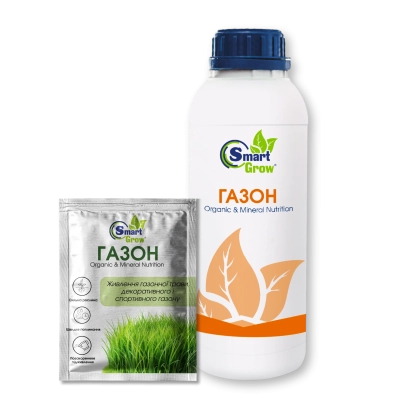Бутылка удобрения ГАЗОН и пакетик с семенами травы ГАЗОН - КОМПЛЕКСНОЕ ОРГАНО-МИНЕРАЛЬНОЕ УДОБРЕНИЕ "КОМПЛЕКС+"