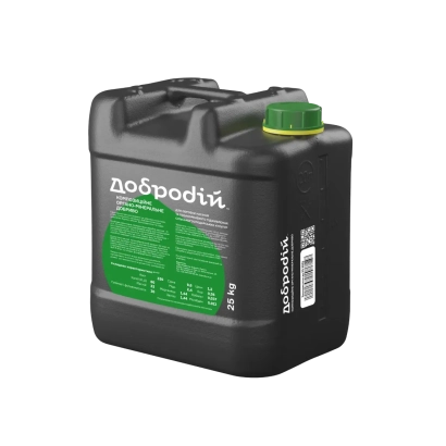 Чёрная канистра с зелёной крышкой и этикеткой Добродій - Добродий