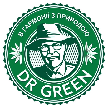 Логотип бренда DR GREEN с изображением мужчины в шляпе и надписью В ГАРМОНІЇ З ПРИРОДОЮ - Доктор Грин