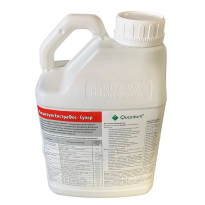 Белая канистра с красной этикеткой «Екстрафос, гр., удобрение» от производителя Quantum