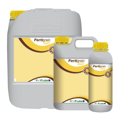 Three bottles of Fertigrain fertilizer with yellow caps and logo on label - Fertigrain Start SoMo