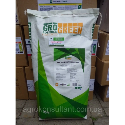 Мешок удобрения GRO GREEN с зелёной графикой и текстом на русском языке - Гронгрин Гринта Сола