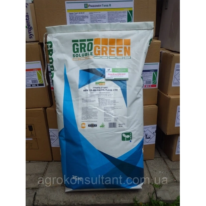 Bag of mineral fertilizer GroGreen Grinta Sol in front of cardboard boxes