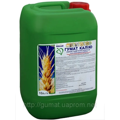 Зеленая канистра с этикеткой Гумат Калию и изображением колоса пшеницы - Гумат Калия "Эко-органика", р.