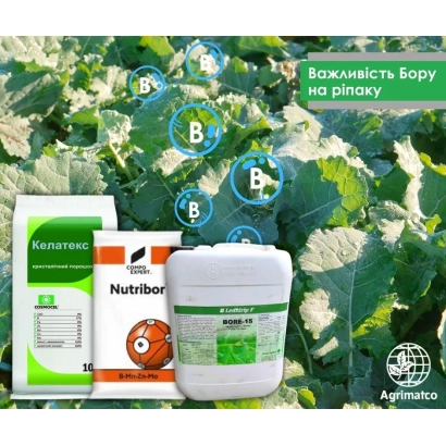 Удобрення Nutribor у упаковці на фоні листя з написом Важність Бору на ріпаку - Келатекс