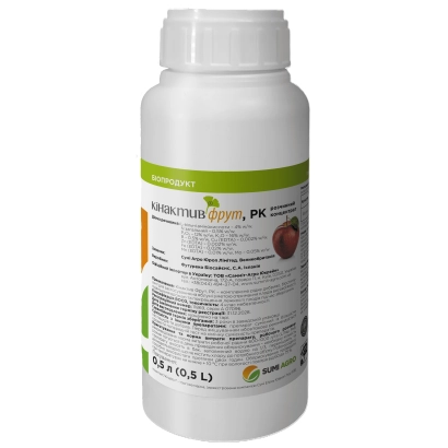 Бутылка удобрения KINAKTIV FRUIT PK с этикеткой и изображением плода - Кинактив Фрут