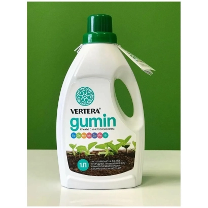 Бутылка удобрения Vertera Gumin с изображением растений на зеленом фоне - LG 336