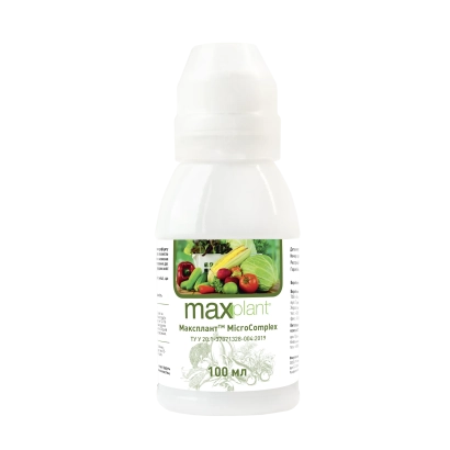 Бутелька добрива Максплант з зображенням овочів на етикетці