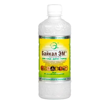 Microbial Fertilizer "Baikal EM" in a white bottle with a green label