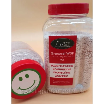 Прозрачная банка с красной крышкой и этикеткой MIVENA Granuxel WS2 - МИВЕНА, ВП