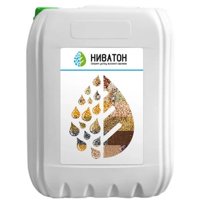 Біла канистра з етикеткою НІВАТОН та зображенням краплі з насінням