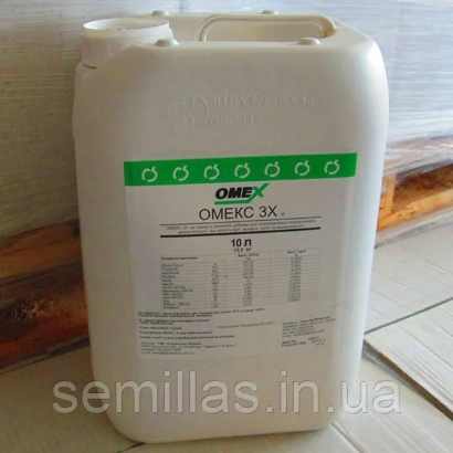 Белая канистра с зелёной этикеткой, на которой написано «Омекс | Omax».
