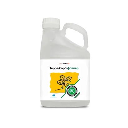 Бутылка удобрения Терра-Сорб Фоллар с желтой этикеткой и изображением листа - Органо-минеральные удобрения серии Терра-Сорб Комплекс