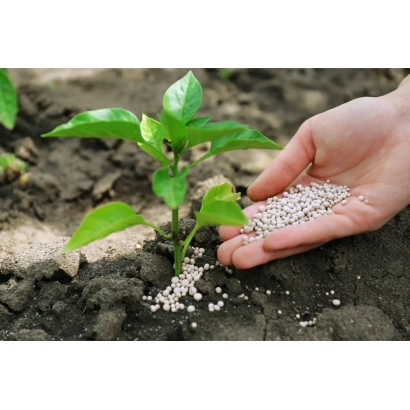 Hand holding fertilizer granules next to a pepper seedling in soil - Special Fertilizer