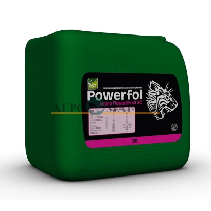 Зеленая канистра с этикеткой Powerfol - Паверфол, р. (N – 0 – 16,5%, Р2О5 – 0 – 12,2%, К2О – 0 – 18,2%,