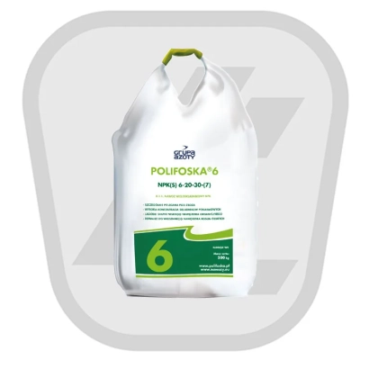 Біла канистра з написом POLYFOSKA 6 та зеленою смугою з цифрою 6 - ПОЛІФОСФА́КА (марок ПЛЮС, ПЕТРОПЛОН, КРЕМ, ТИТАН, 5, 6, 8 та 15)