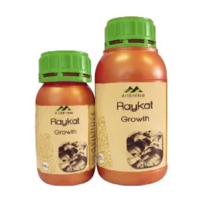 Дві пляшки добрива RaiKat Growth з зеленими кришками та етикетками з зображенням рослин - Райкат розвиток