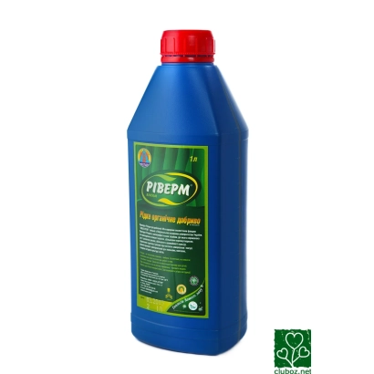 Синяя бутылка удобрения РИДЕК ОРГАНИЧЕСКОЕ УДОБРЕНИЕ «РИВЕРМ» с красной крышкой и зелёной этикеткой.