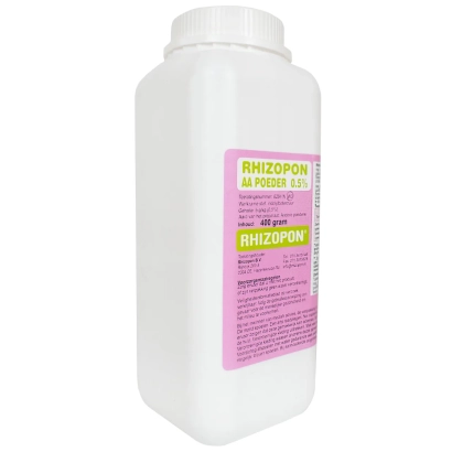 Белая пластиковая бутылка с розовой этикеткой RHIZOPON AA POWDER - Ризопон АА Порошок