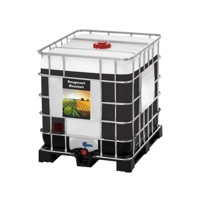 IBC container with fertilizer Rizostar CMB II against a field background