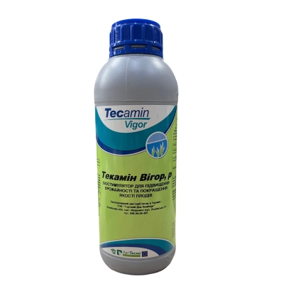 Bottle of fertilizer Tekamin Vigor with blue cap and green label