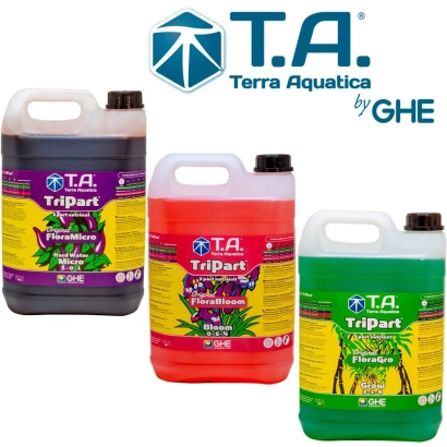 Три бутылки удобрений TERRA AQUATICA от GHE с яркими этикетками - ТЕРРА АКВАТИКА