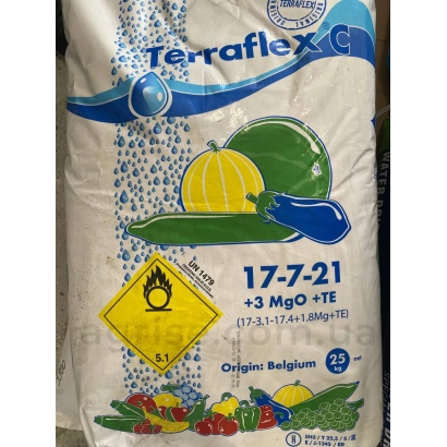 Мешок удобрения Terraflex с надписью 17-7-21 и изображением овощей - Тразекс