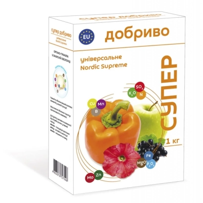 Удобрення Універсальне Nordic Supreme в упаковці з зображенням овочів та квітів