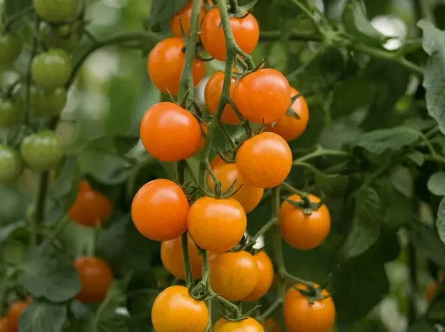 Cluster of ripe orange tomatoes of the Sunstream F1 variety on the bush