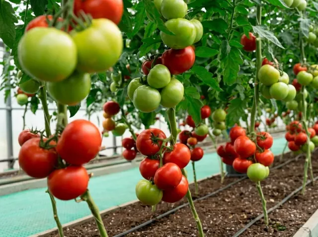Clusters of ripening Malika F1 tomatoes on bushes in a greenhouse