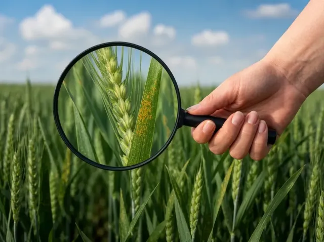 Wheat leaf with signs of disease under a magnifying glass, demonstrating the effect of Lametil WP fungicide
