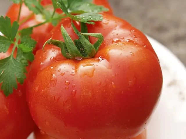 Close-up of a ripe tomato with greens in the background - Polbig F1