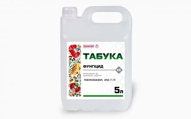 Бутылка с фунгицидом Табука, на этикетке изображены цветы и текст Табука
