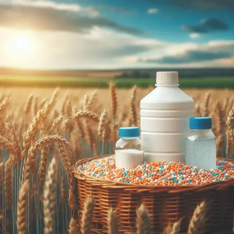 Herbicide Chystets: plastic pesticide containers and fertilizers in a basket against a wheat field background